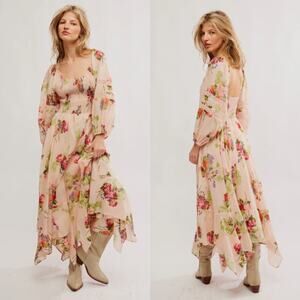 NWT Free People Morning Glory Maxi Dress Floral Print Pink Tea Combo Size XS
